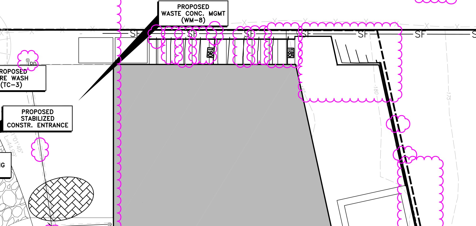 The newer submittal of the same sheet with magenta clouds around each changed area along the silt fence and pad
