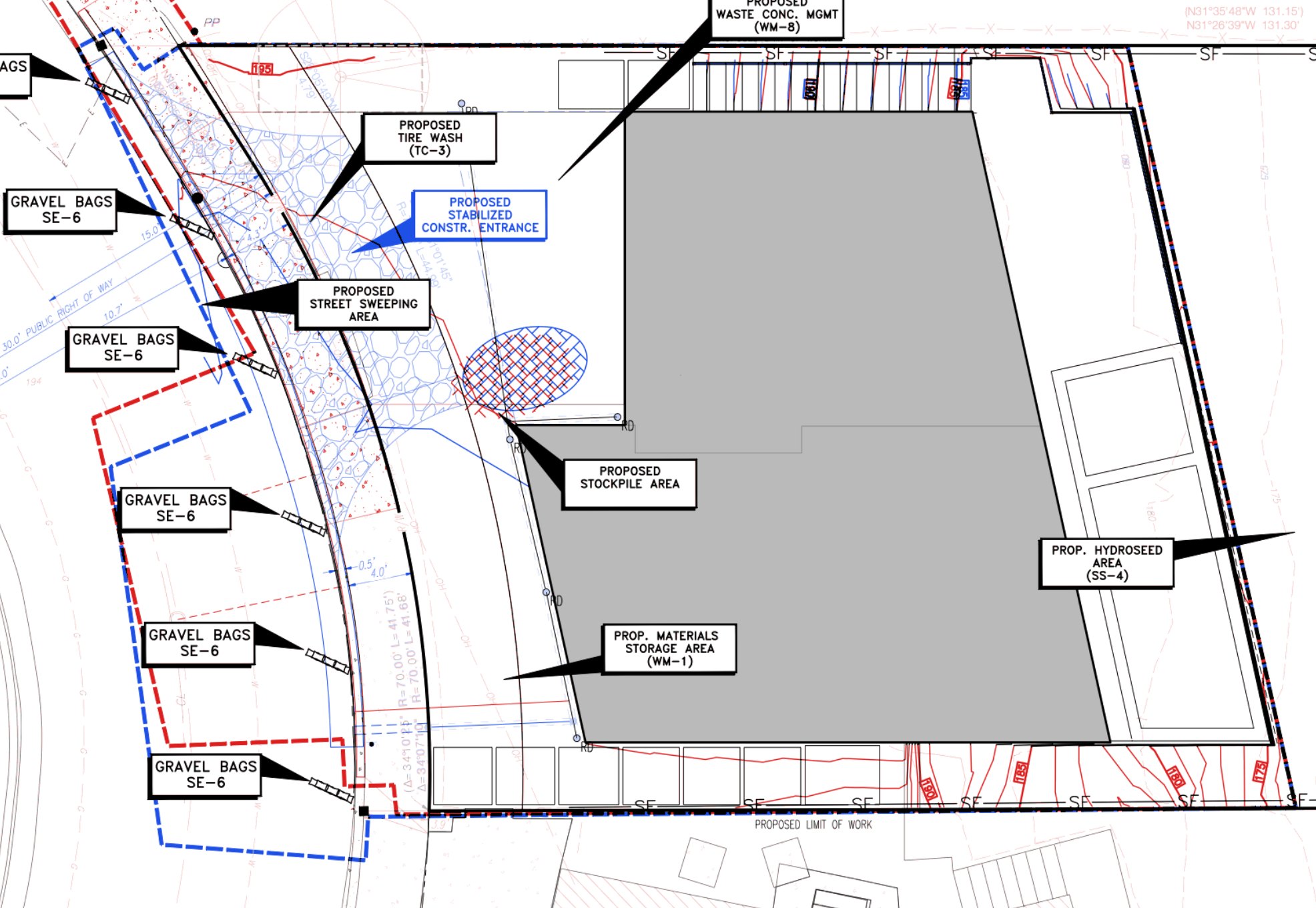 Two submittals of an erosion control plan overlaid: the older linework in red, the newer in blue, unchanged linework in black