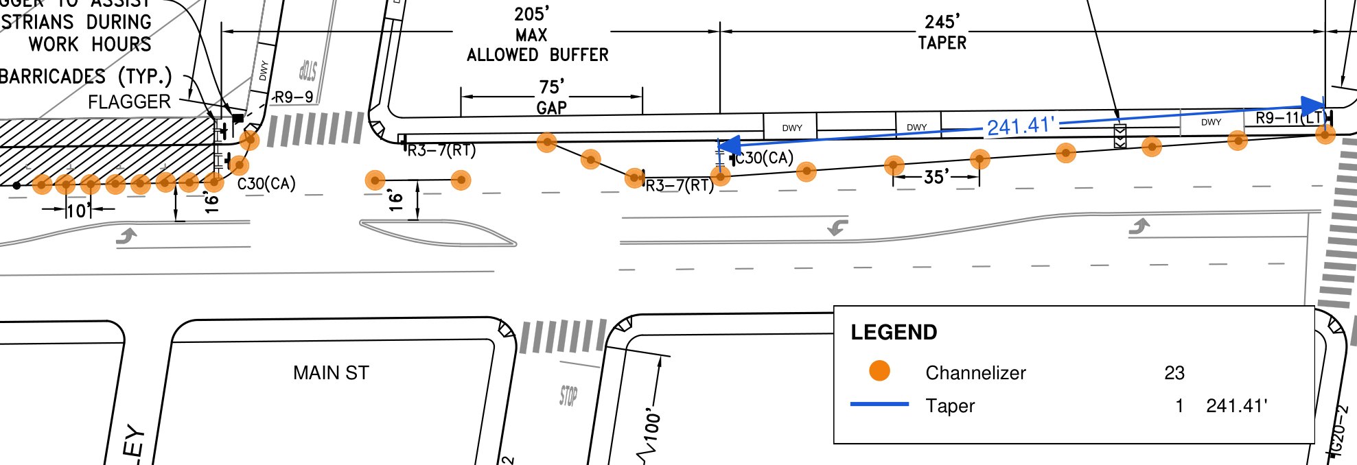 Orange count marks on each channelizer of a lane closure, a blue taper length, and a legend totaling 23 channelizers and the taper length, on a traffic control plan