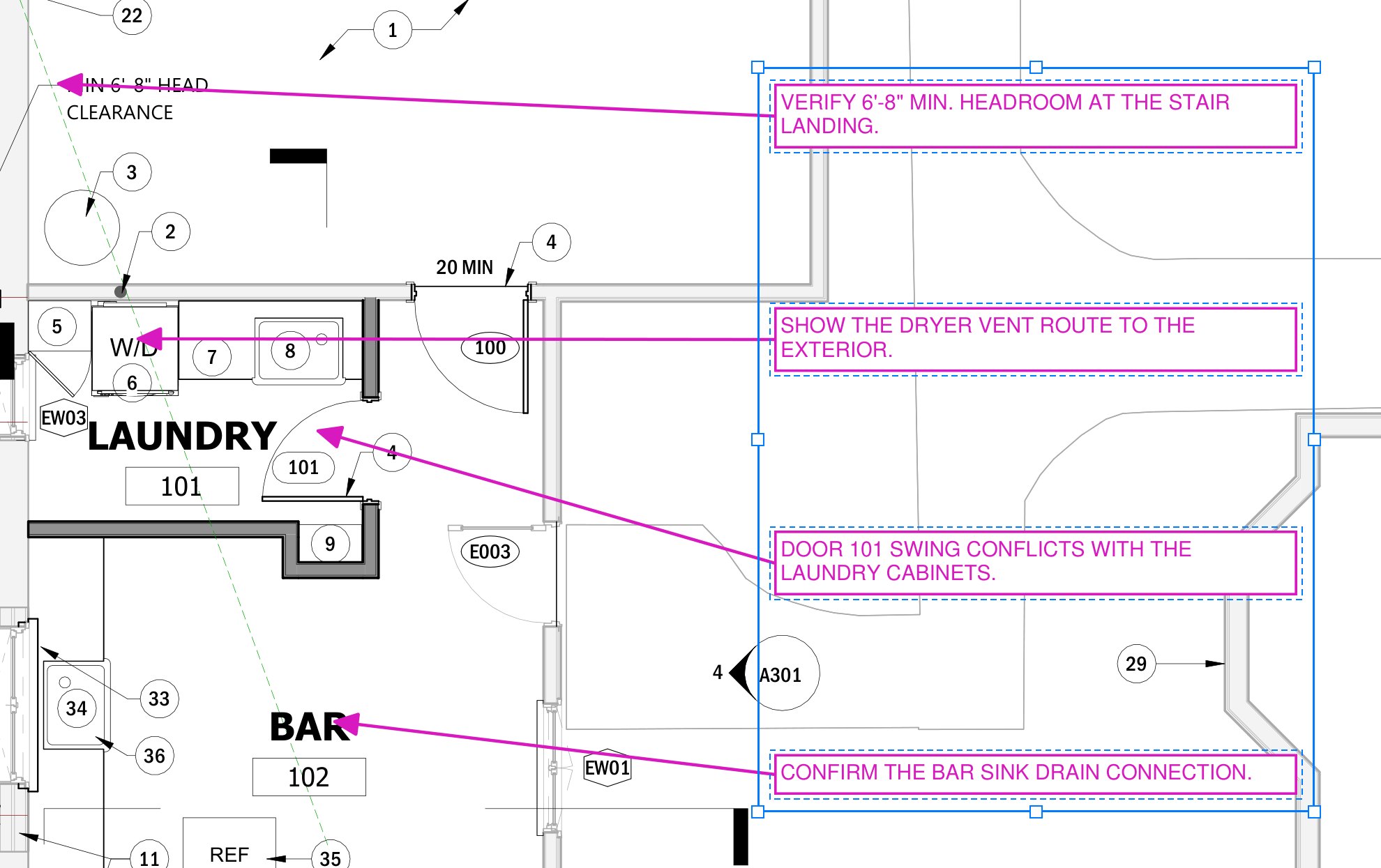 Four magenta review notes on an architectural floor plan, lined up on their left edges, evenly spaced and grouped, with the group box and its grips