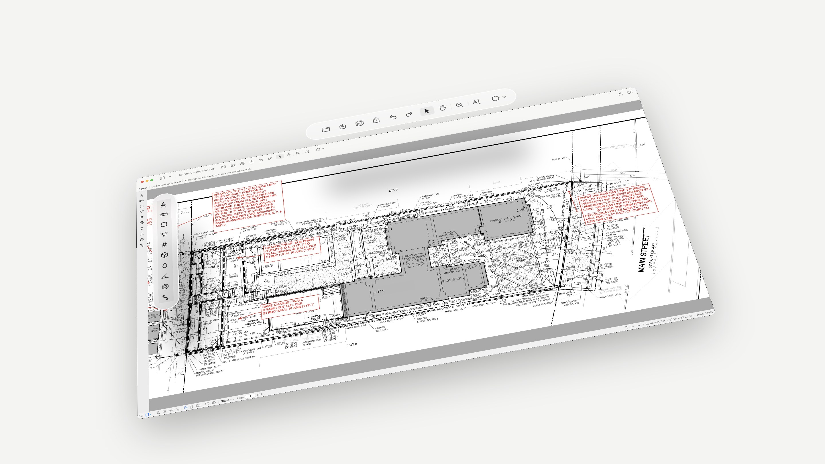 The Marqup window laid back in perspective on a marked-up grading plan, with its toolbar and measurement tools lifted off the window as glass