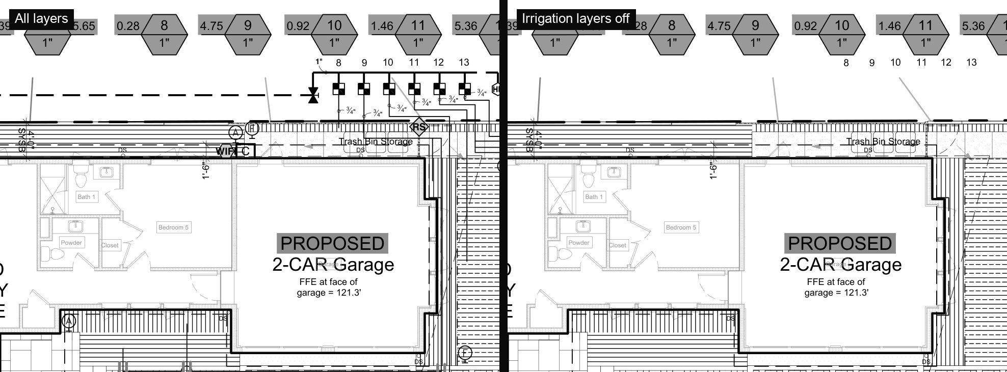 The same part of a landscape irrigation plan twice: with every layer on, and with the irrigation layers turned off