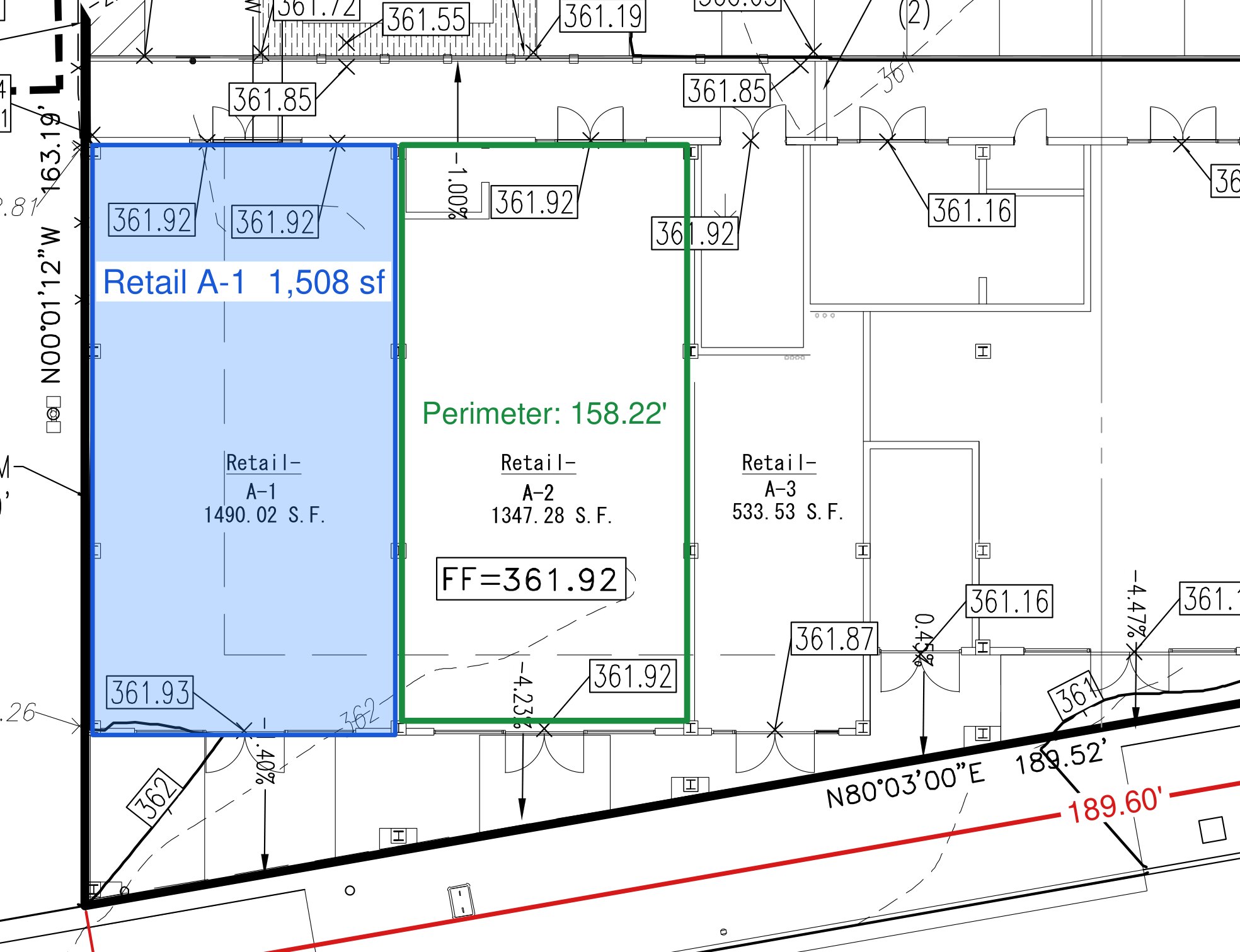 A blue area labeled Retail A-1 with its square footage, a green perimeter on the next suite and a red length along the property line, on a 1 inch = 20 feet grading plan