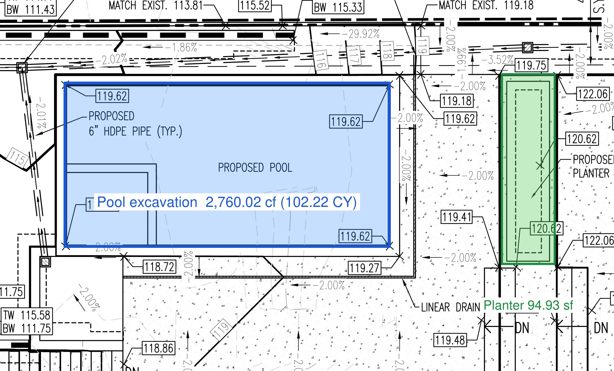 A pool outline measured as a volume in cubic feet and cubic yards, and a planter filled green by Dynamic Fill with its area, on a residential grading plan