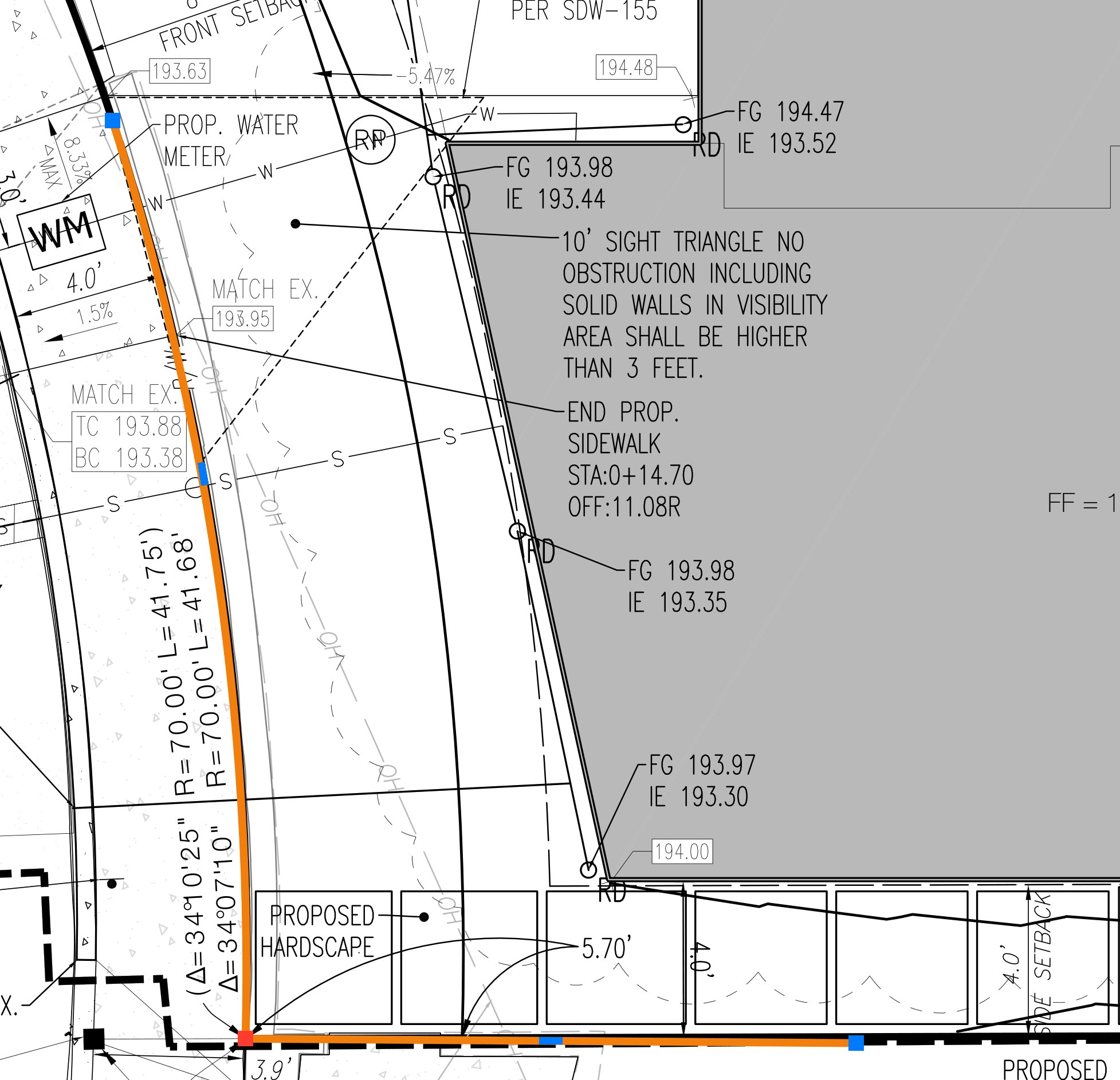 An orange polyline traced along a curved back of walk, with blue vertex grips, one grip red under the pointer, and a middle grip on the arc segment