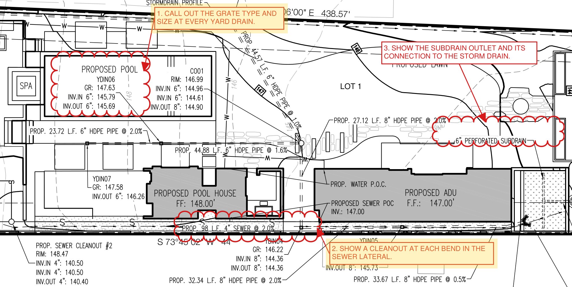 Three numbered review comments with clouds on a utility plan; the first two are marked complete with a yellow box laid over them, the third is still open