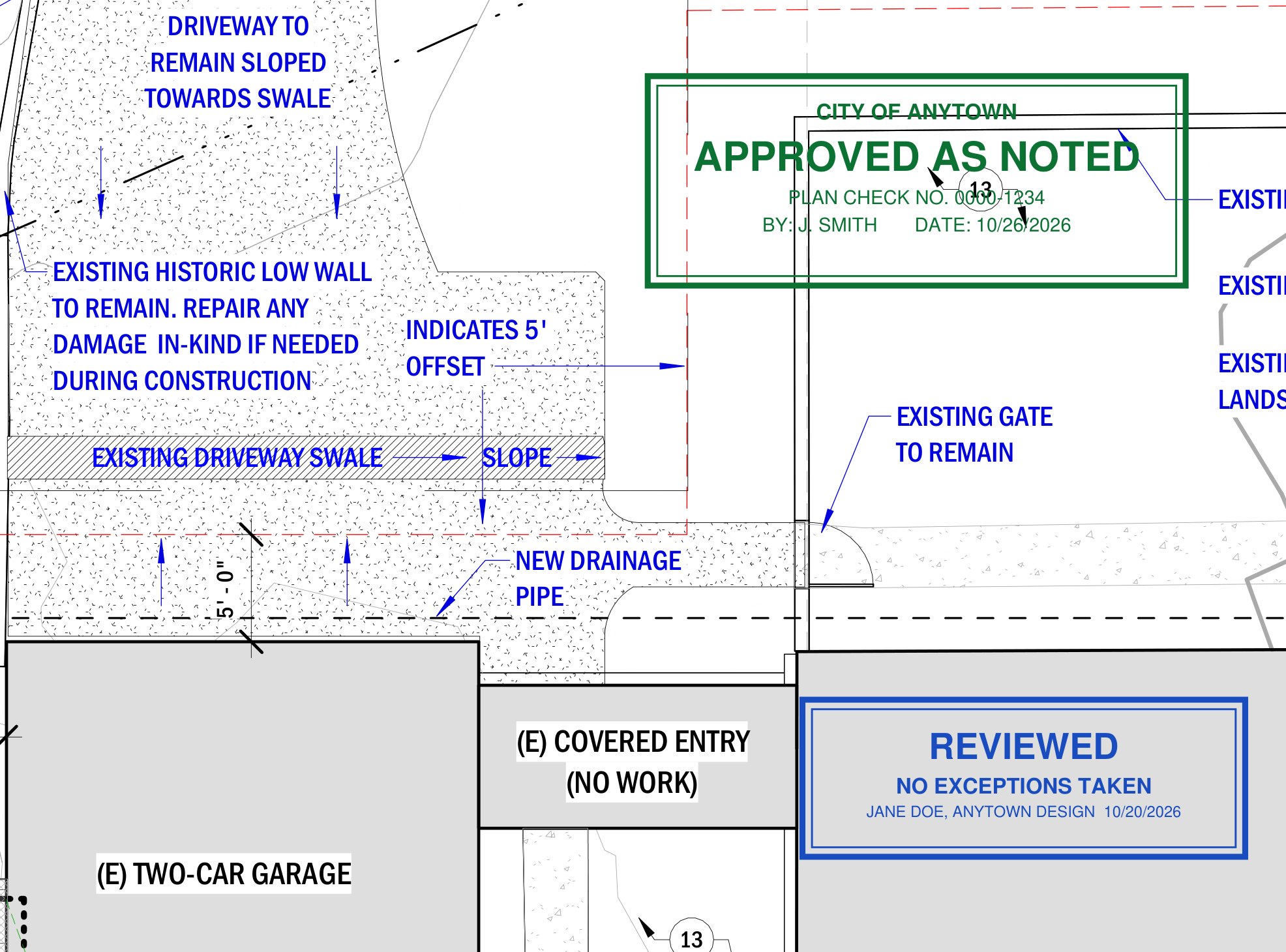 An Approved as Noted agency stamp and a Reviewed, No Exceptions Taken consultant stamp placed on an architectural site plan