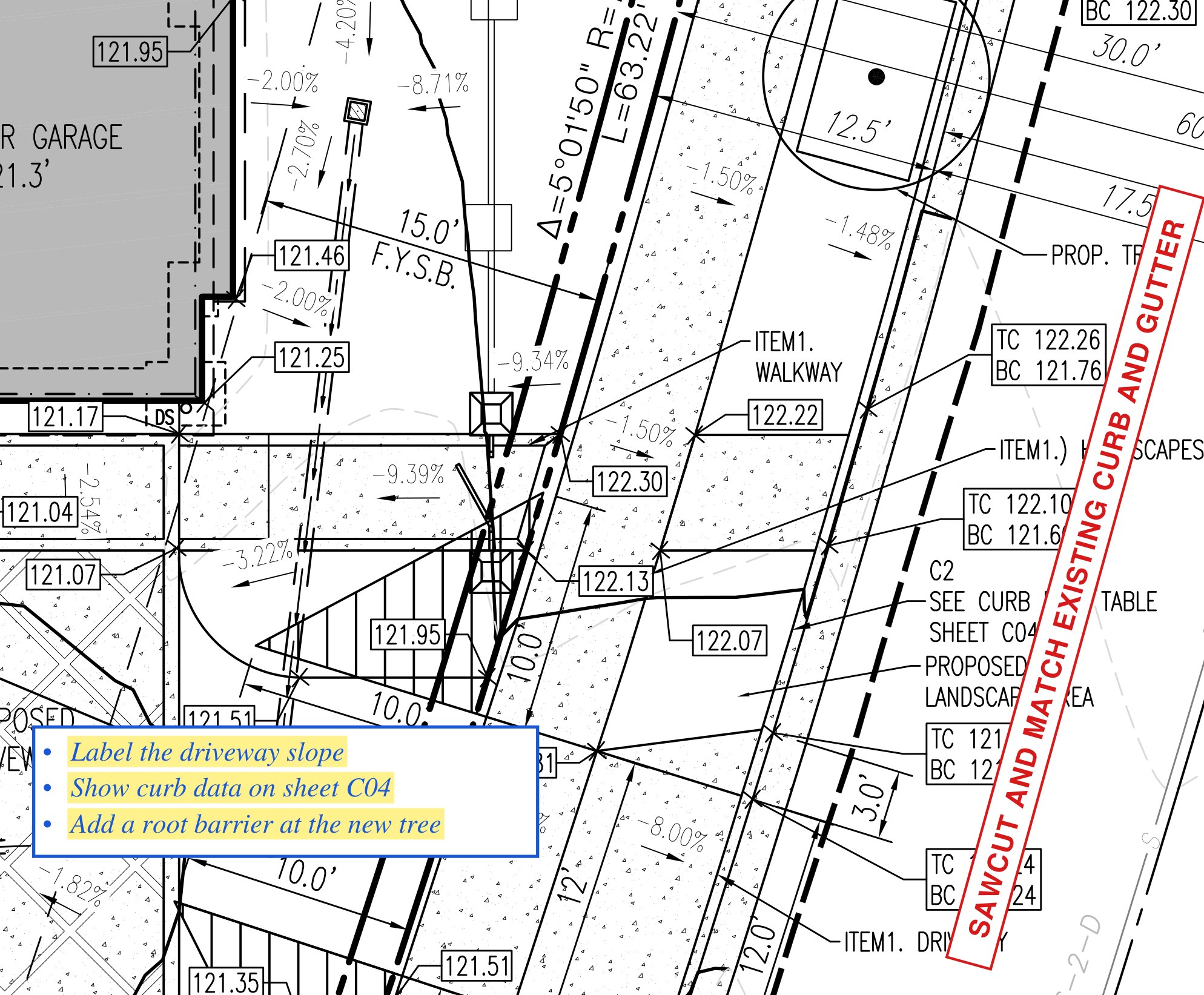 A red note turned to run along a skewed street, and a bulleted italic note with a yellow text background, on a grading plan